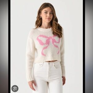 Loveshackfancy Ivory Crewneck Sweater with Pink Bow Detail S